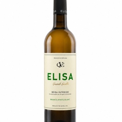 Garrafa de vinho branco Elisa com rótulo branco e texto verde e preto