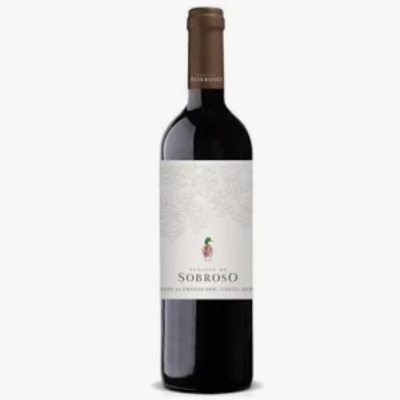 Garrafa de vinho tinto Sobroso com rótulo branco e padrão floral