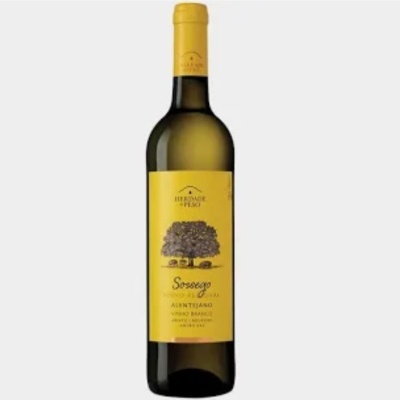 Garrafa de vinho branco Alentejano com rótulo amarelo e desenho de árvore