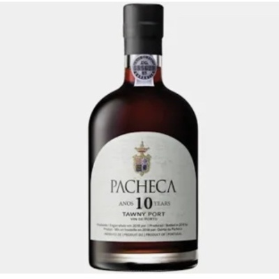 Garrafa de vinho do Porto Tawny 10 anos Pacheca com rótulo branco e rolha preta