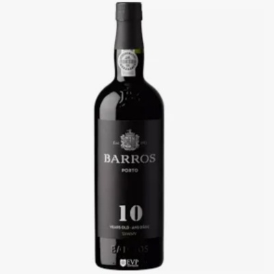 Garrafa de vinho do Porto Barros 10 anos com rótulo preto