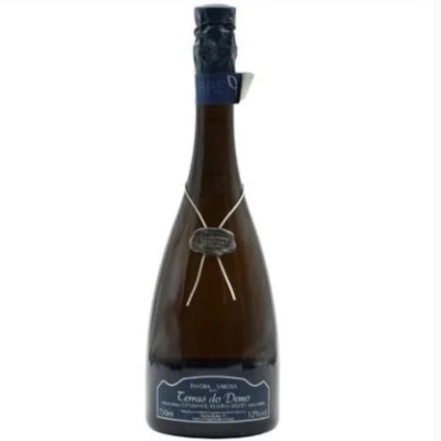 Garrafa de vinho espumante Temas do Douro com rótulo azul e tampa preta