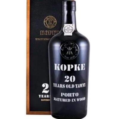 Garrafão preto de vinho do Porto Kopke 20 anos com caixa preta e moldura de madeira