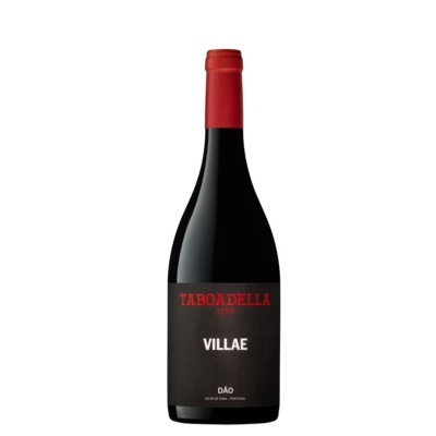 Garrafa de vinho tinto com rótulo preto e tampa vermelha