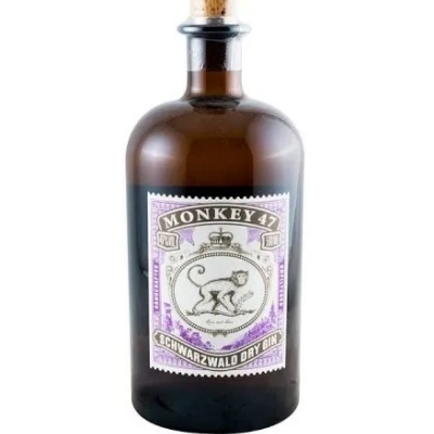 Garrafa de Gin Monkey 47 castanha com rótulo ilustrado de macaco