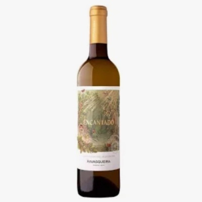Garrafa de vinho branco Encantado com rótulo decorativo e tampa dourada