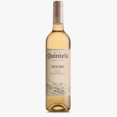 Garrafa de vinho branco Quintela Douro com rótulo branco e ilustração de vinhas.