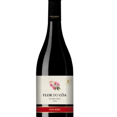 Garrafa de vinho Flor do Côa Tinta Roriz 2014 com rótulo branco e detalhe de flores