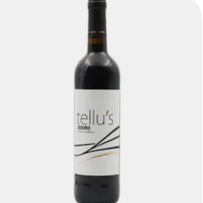 Garrafa de vinho tinto Tellus Douro com rótulo branco decorado com linhas pretas e douradas