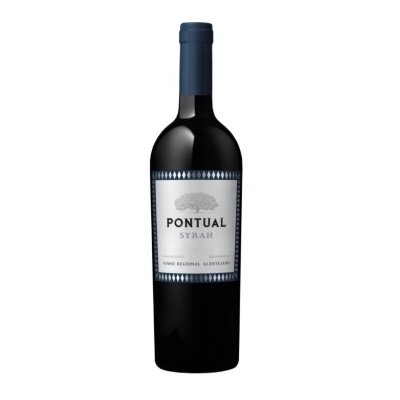 Garrafa de vinho tinto com rótulo branco e azul da marca Pontual Syrah Alentejano.