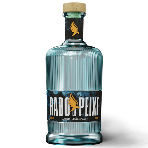 Gin AZOR Edição Rabo de Peixe com Copo Garrafa azul de gin Rabo de Peixe com tampa de cortiça e etiqueta preta com texto branco e amarelo