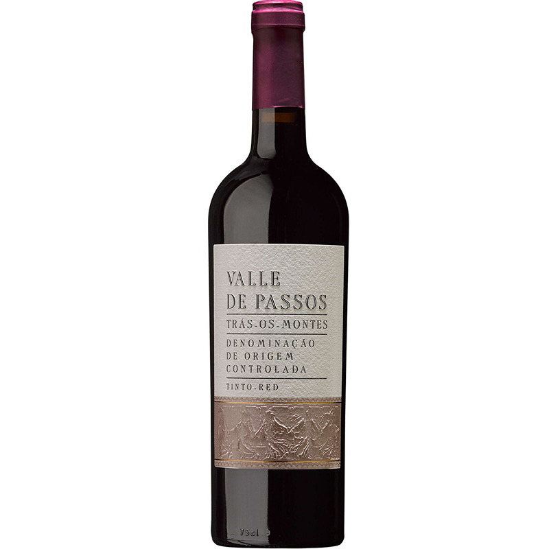 Valle de Passos Tinto 2023 Garrafa de vinho tinto Valle de Passos com rótulo branco e cápsula violeta