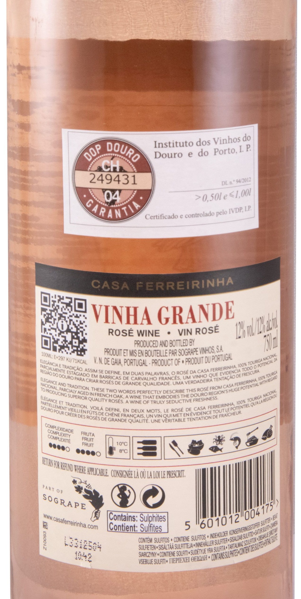 Vinha Grande Rosé 2022 Rótulo de garrafa de vinho rosé Casa Ferreirinha Vinha Grande com selo DOP Douro