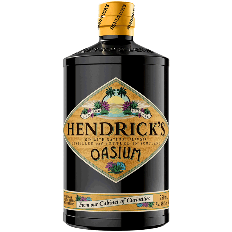 Gin Hendrick's Oasium Garrafa preta de gin Hendrick's OASIUM com rótulo amarelo e verde e tampa amarela