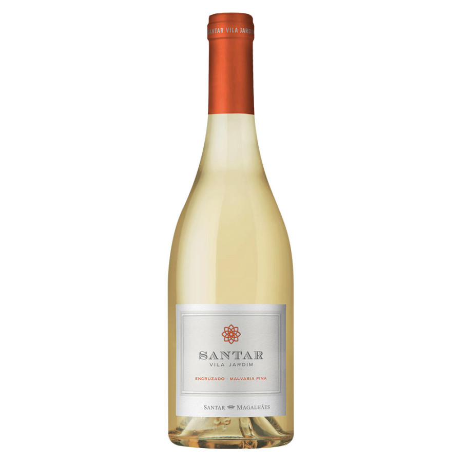 Santar Vila Jardim Branco 2021 Garrafa de vinho branco Santar com rótulo branco e rolha alaranjada