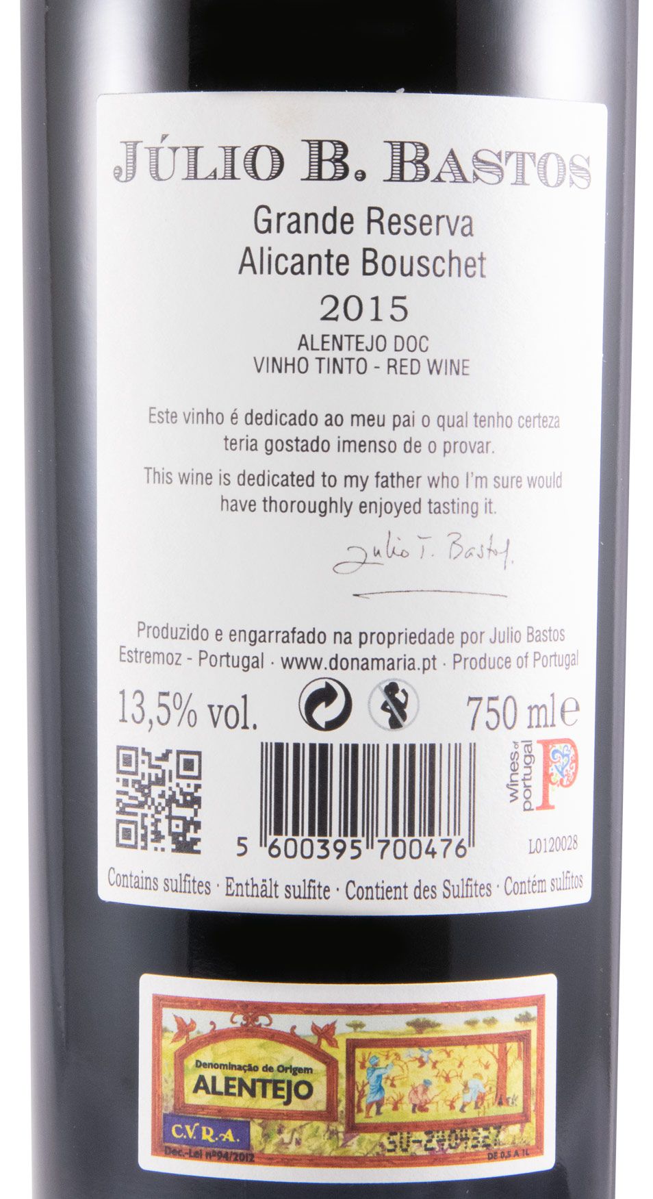 Júlio Bastos Grande Reserva Alicante Boushet Tinto 2015 Garrafa de vinho tinto Júlio B. Bastos Grande Reserva Alicante Bouschet 2015