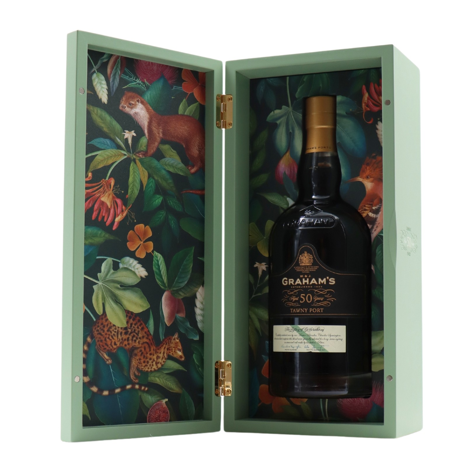 Porto Graham's 50 Anos Tawny Garrafa de vinho do Porto Graham's 50 anos numa caixa verde decorada com motivos naturais e animais