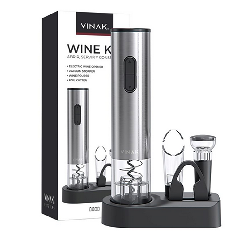 Kit Wine Set Vinak a Pilhas Conjunto de abridor de vinho elétrico VINAK inox com acessórios em suporte preto