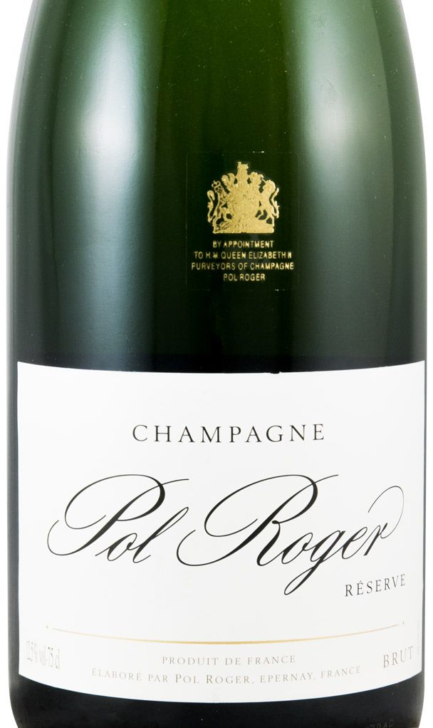 Champagne Pol Roger Brut Reserve Garrafa de champanhe Pol Roger com rótulo branco e selo dourado