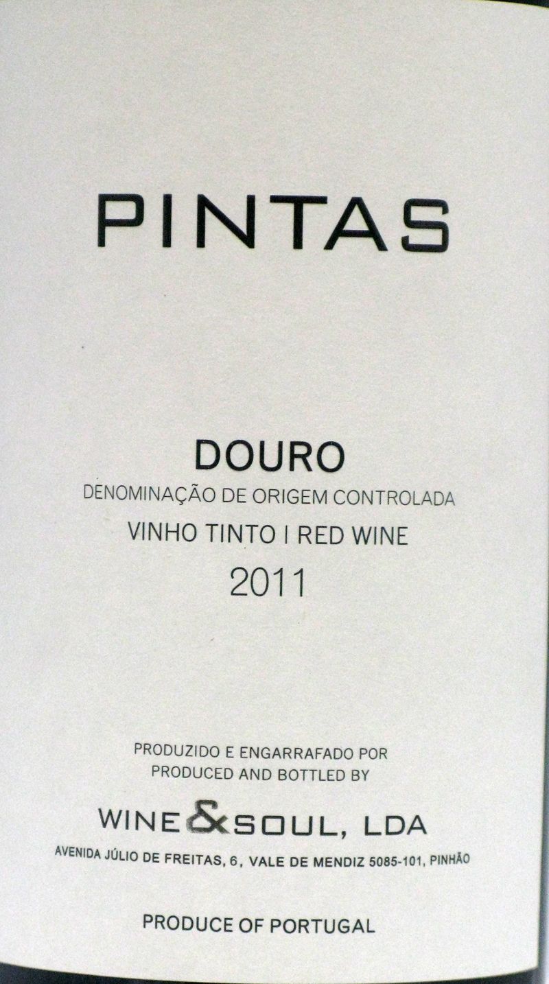 Pintas Tinto 2011 Wine & Soul Rótulo de vinho PINTAS Douro 2011 de vinho tinto com texto em preto
