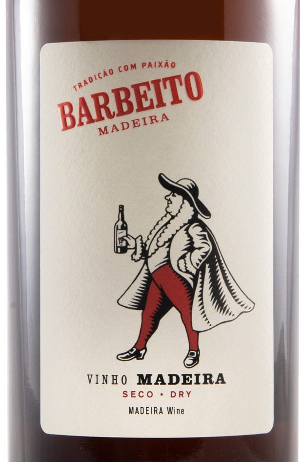 Madeira Barbeito 3 Anos Seco/Dry Etiqueta de vinho Barbeito Madeira com figura masculina estilizada a preto e vermelho