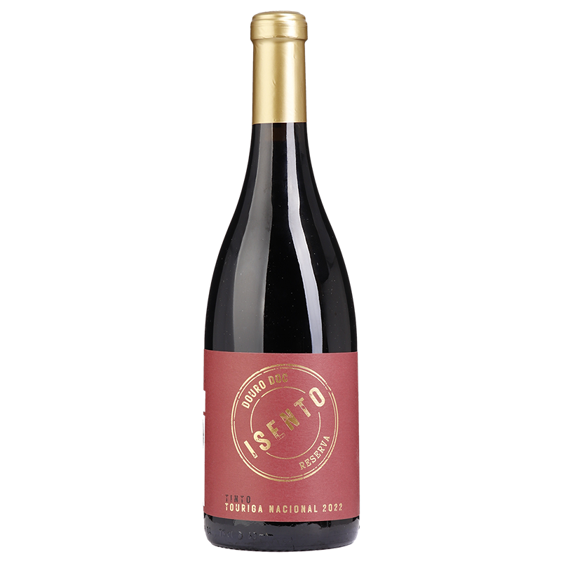 Isento Reserva Touriga Nacional Tinto 2023 Garrafa de vinho tinto com rótulo vermelho e dourado