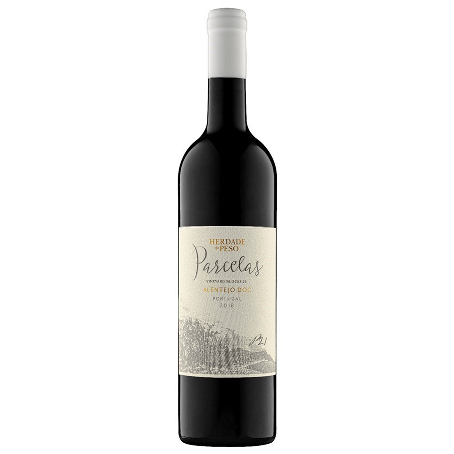 Herdade do Peso Parcelas Tinto 2018 Garrafa de vinho tinto com rótulo branco da Herdade do Peso