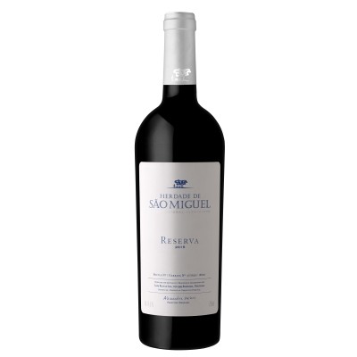 Herdade São Miguel Reserva Tinto 2021 Garrafa de vinho tinto Herdade de São Miguel Reserva 2019 com rótulo branco e tampa prateada