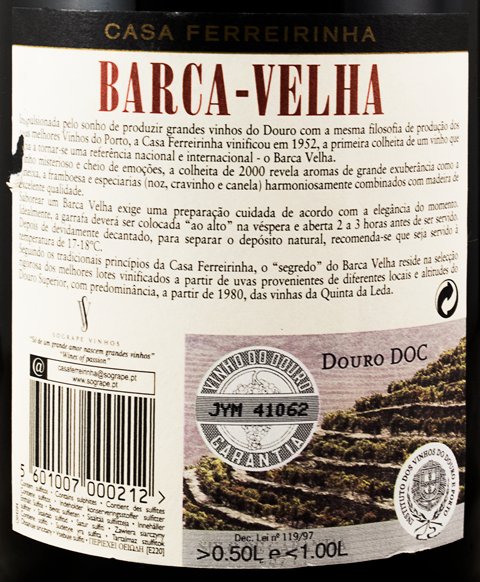 Barca Velha tinto 2000 Etiqueta traseira de garrafa de vinho Barca Velha com texto e imagem de vinha