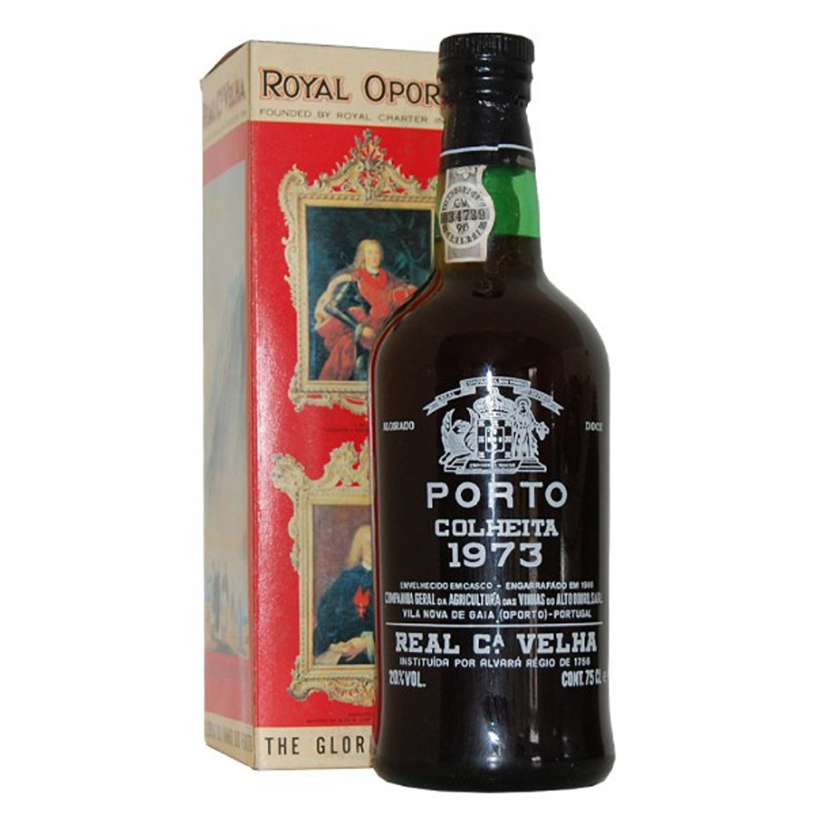 Porto Real Companhia Velha Colheita 1973 (garrafa pirogravada) Garrafa de vinho do Porto Colheita 1973 com caixa ilustrada