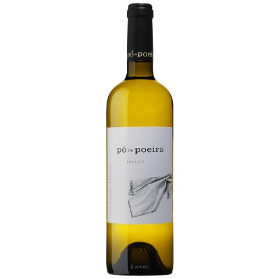Pó de Poeira Branco 2019 Garrafa de vinho branco com rótulo branco pó de poeira e desenho de pano