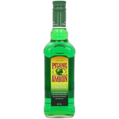 Pisang Ambon Original Frasco verde de bebida Pisang Ambon com rótulo amarelo e verde