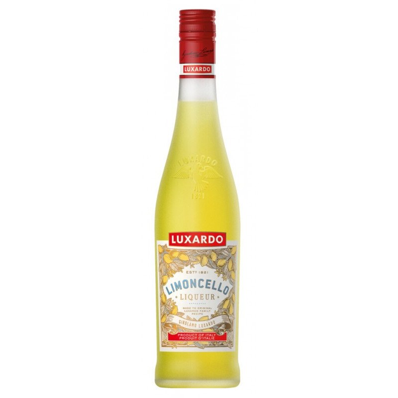 Limoncello Luxardo Garrafa de licor Luxardo Limoncello amarelo com rótulo branco e dourado e tampa vermelha.