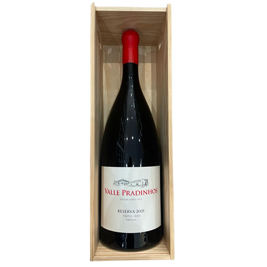 Valle Pradinhos Reserva Tinto 2021 Jeroboam 5LT Garrafa de vinho tinto Valle Pradinhos Reserva 2021 na caixa de madeira