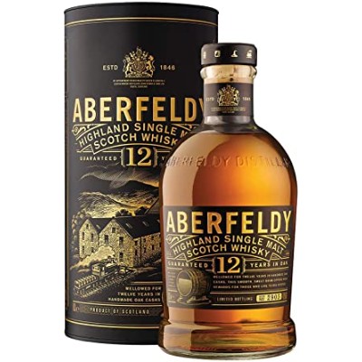 Aberfeldy 12 anos Garrafa e embalagem de whisky Aberfeldy 12 anos, design preto e dourado