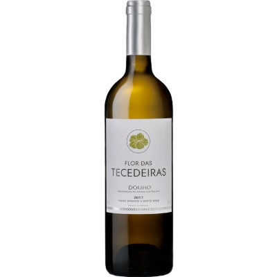 Flor das Tecedeiras Branco 2018 Garrafa de vinho branco Flor das Tecedeiras Douro 2017 com rótulo branco e tampa prateada