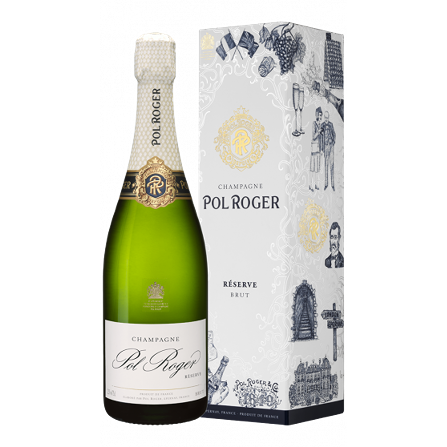 Champagne Pol Roger Brut Reserve Garrafa de champanhe Pol Roger Réserve Brut com caixa ilustrada branca