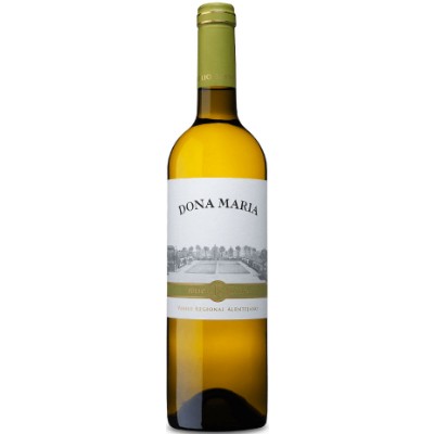 Dona Maria Branco 2024 Garrafa de vinho branco Dona Maria Alentejano com rótulo branco e tampa verde clara