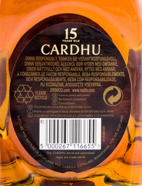 Cardhu 15 anos Etiqueta traseira do whisky Cardhu 15 anos com texto e código de barras