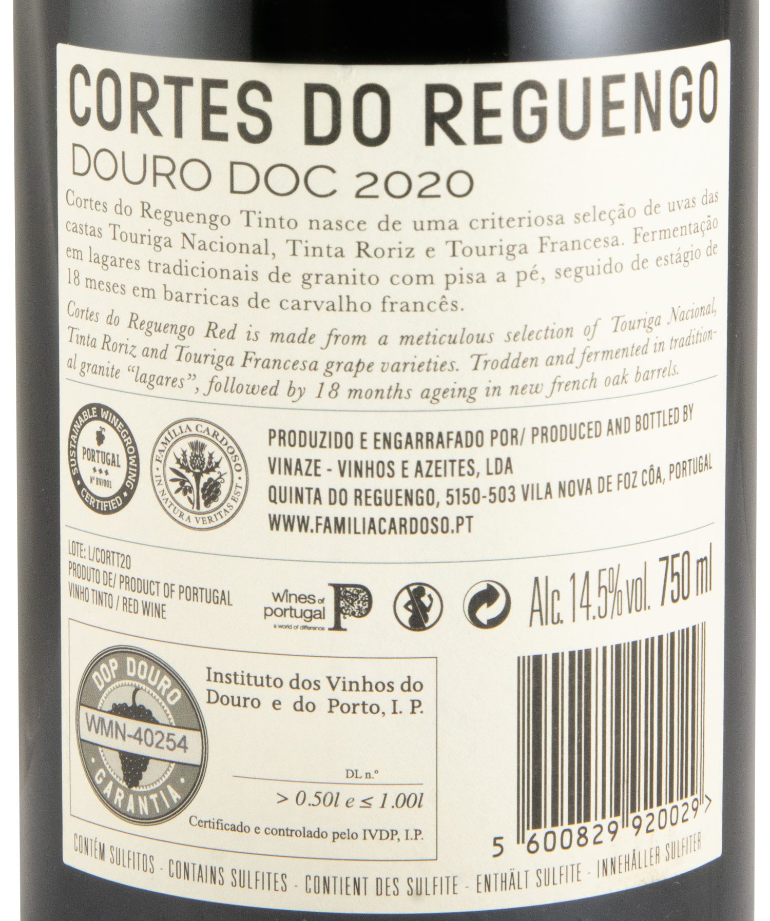 Cortes do Reguengo Tinto 2021 Etiqueta de vinho Cortes do Reguengo Douro DOC 2020 com texto detalhado
