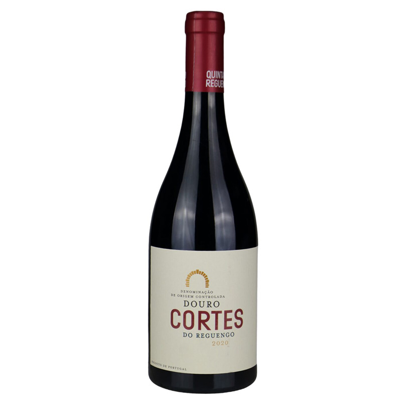 Cortes do Reguengo Tinto 2021 Garrafa de vinho tinto com rótulo branco e cápsula vermelha