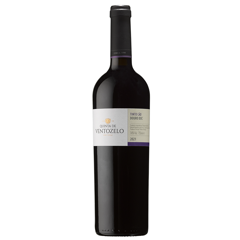 Quinta do Ventozelo Tinto Cão Tinto 2021 Garrafa de vinho tinto Quinta de Ventozelo com rótulo branco e creme