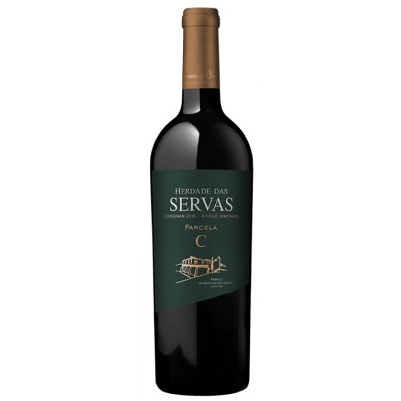 Herdade das Servas Parcela C Carignan Tinto 2017 Garrafa de vinho tinto com rótulo preto e texto branco e dourado