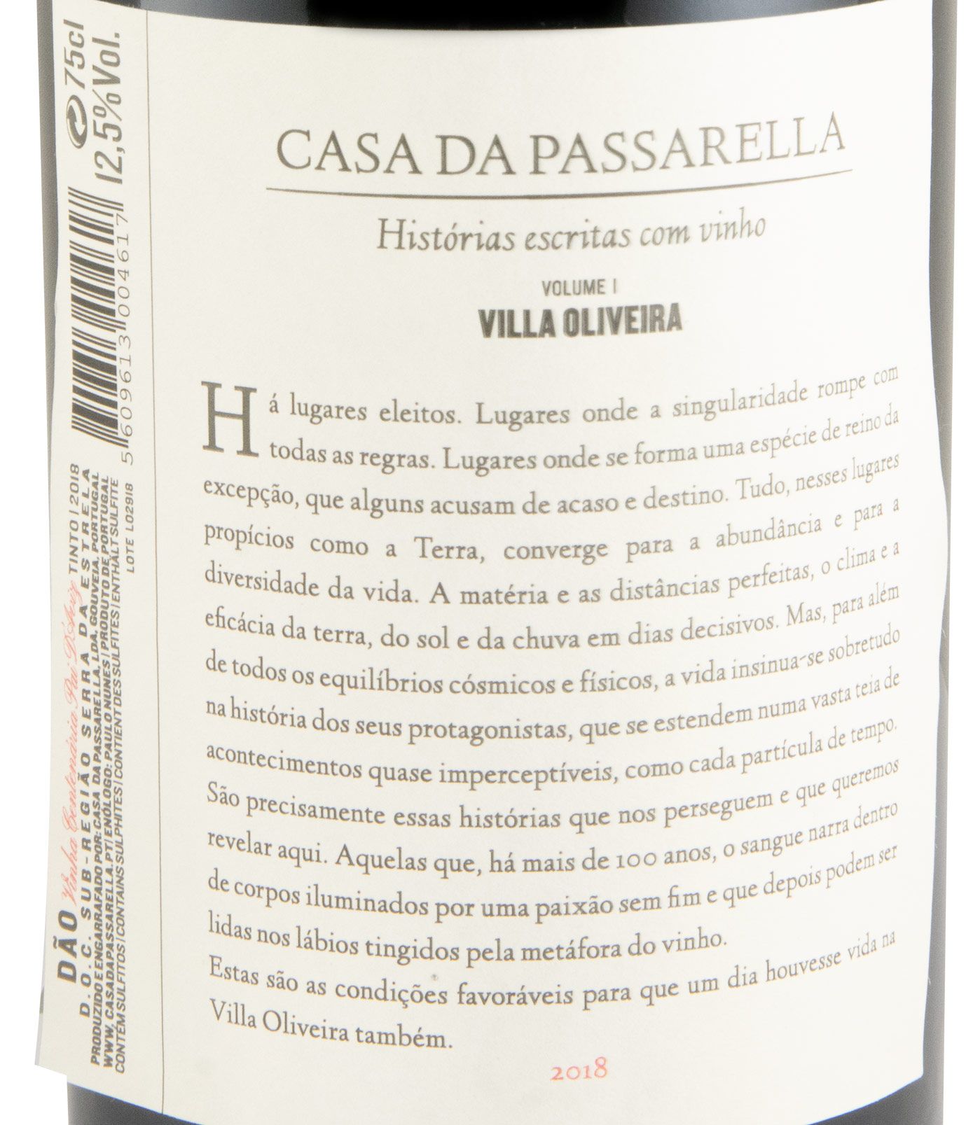 Casa da Passarella Villa Oliveira Pai D'Aviz Tinto 2018 Rótulo de vinho Casa da Passarella com texto descritivo e selo Dão DOC