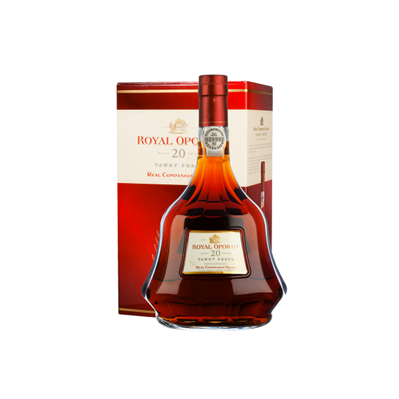 Porto Real Companhia Velha Royal Oporto 20 anos Garrafa de vinho do Porto Royal Oporto 20 anos com caixa vermelha e branca