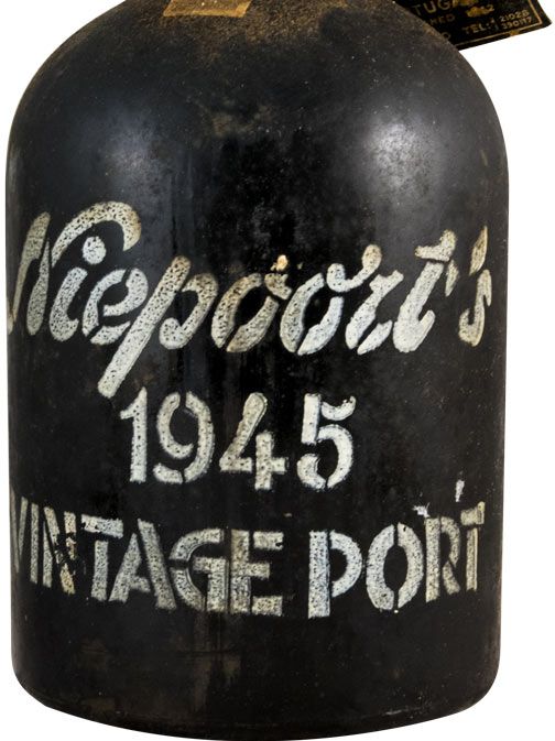 Niepoort Porto Vintage 1945 Garrafa preta envelhecida de vinho com texto branco Niepoort's 1945 VINTAGE PORT
