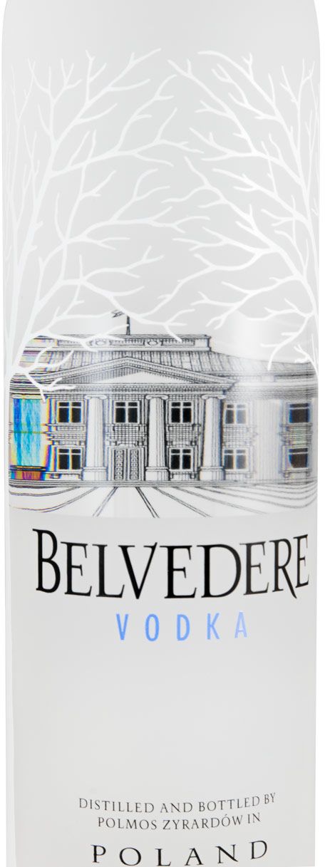 Vodka Belvedere Organic Frasco de vodka Belvedere com desenho do Palácio Belvédère e texto visível