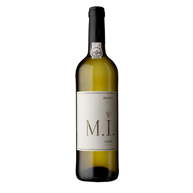 M.I. Branco 2022 Garrafa de vinho branco M.I. com rótulo branco e cápsula preta