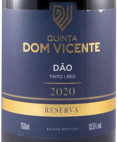 Dom Vicente Reserva Tinto 2020 Rótulo de vinho tinto Quinta Dom Vicente Dão 2020 Reserva azul escuro com texto dourado