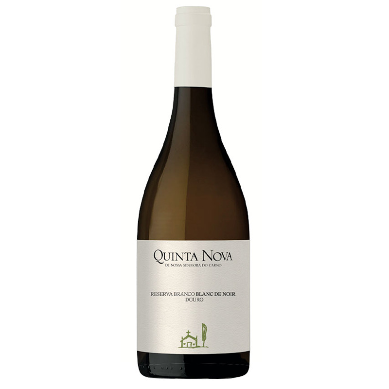 Quinta Nova Blanc de Noir Reserva Branco 2025 Garrafa de vinho branco Quinta Nova reserva com rótulo branco e texto em preto e verde
